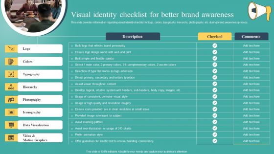 Visual Identity Checklist For Better Brand Awareness Ppt Model Guidelines PDF