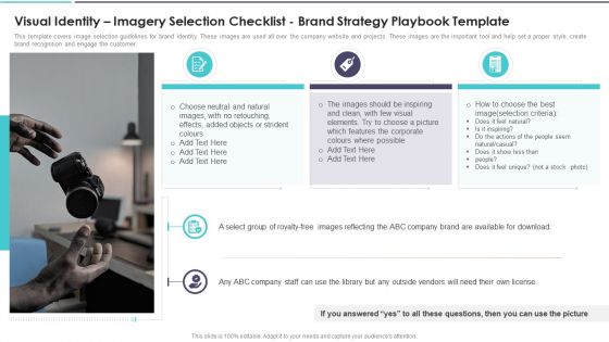 Visual Identity Imagery Selection Checklist Brand Strategy Playbook Template Topics PDF