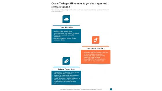 Voice Over Internet Protocol Infrastruct Our Offerings Sip Trunks To Get Your Apps One Pager Sample Example Document Voice Over Internet Protocol Infrastruct Our Offerings Sip Trunks To Get Your Apps One Pager Sample Example Document