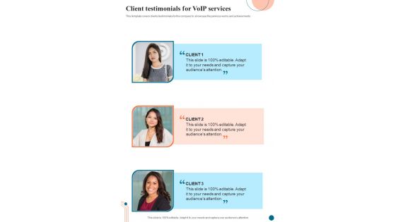 Voice Over Internet Protocol Infrastructure And Services Client Testimonials One Pager Sample Example Document