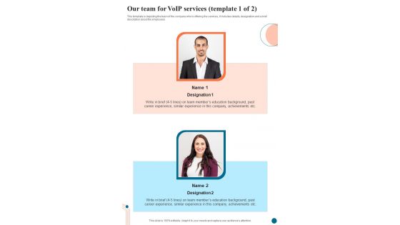 Voice Over Internet Protocol Infrastructure And Services Our Team For Voip Services One Pager Sample Example Document Voice Over Internet Protocol Infrastructure And Services Our Team For Voip Services One Pager Sample Example Document
