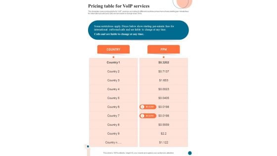 Voice Over Internet Protocol Infrastructure And Services Pricing Table For Voip Services One Pager Sample Example Document