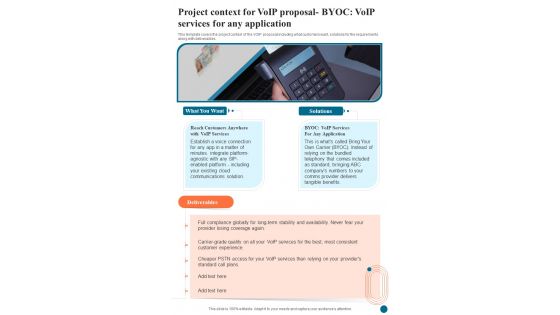 Voice Over Internet Protocol Infrastructure And Services Project Context For Voip One Pager Sample Example Document