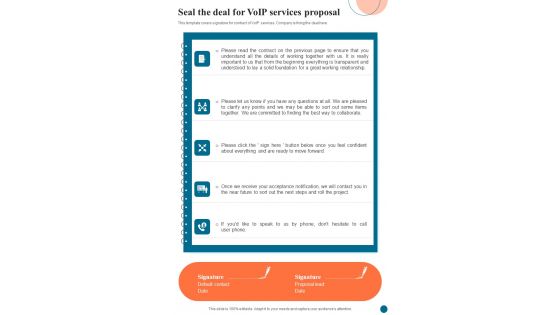 Voice Over Internet Protocol Infrastructure And Services Seal The Deal For Voip Services One Pager Sample Example Document