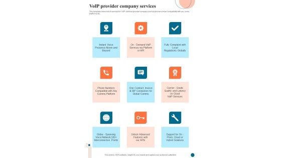 Voice Over Internet Protocol Infrastructure And Services Voip Provider Company Services One Pager Sample Example Document Voice Over Internet Protocol Infrastructure And Services Voip Provider Company Services One Pager Sample Example Document