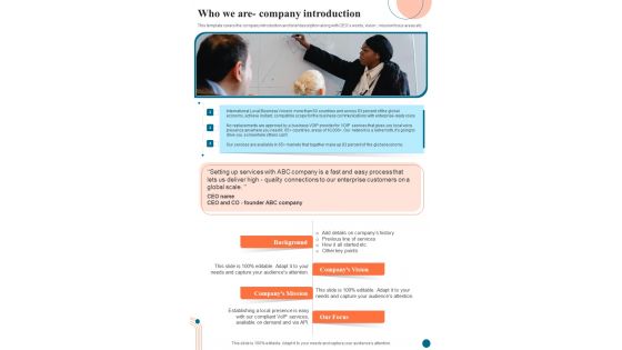 Voice Over Internet Protocol Infrastructure And Services Who We Are Company One Pager Sample Example Document Voice Over Internet Protocol Infrastructure And Services Who We Are Company One Pager Sample Example Document