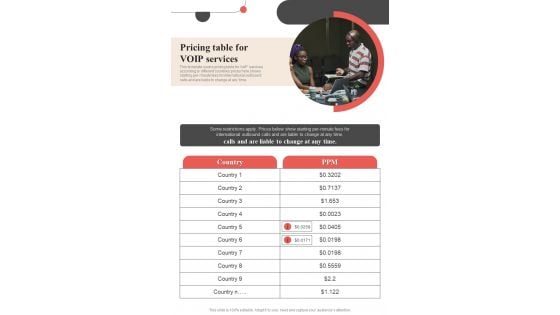 Voice Over Internet Protocol Request Proposal Pricing Table For Voip Services One Pager Sample Example Document