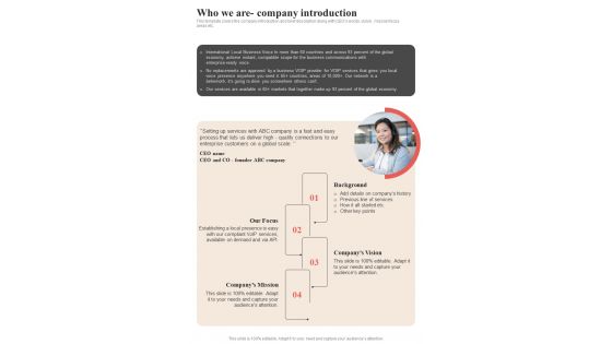 Voice Over Internet Protocol Request Who We Are Company Introduction One Pager Sample Example Document Voice Over Internet Protocol Request Who We Are Company Introduction One Pager Sample Example Document