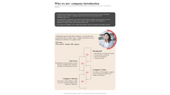 Voice Over Internet Protocol Request Who We Are Company Introduction One Pager Sample Example Document