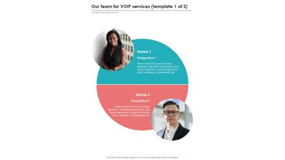 Voice Over Internet Protocol Telecommunications System Our Team For Voip Services One Pager Sample Example Document Voice Over Internet Protocol Telecommunications System Our Team For Voip Services One Pager Sample Example Document