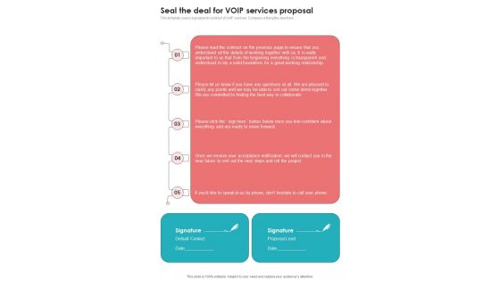 Voice Over Internet Protocol Telecommunications System Seal The Deal For Voip Services One Pager Sample Example Document Voice Over Internet Protocol Telecommunications System Seal The Deal For Voip Services One Pager Sample Example Document
