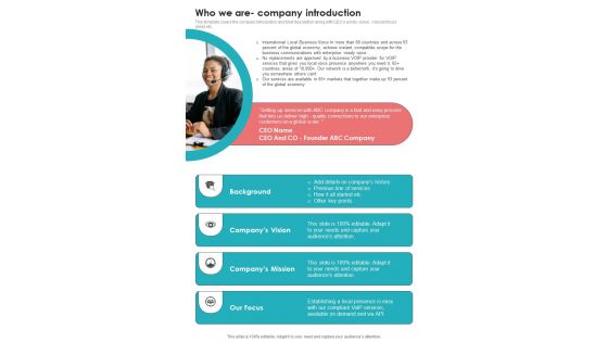 Voice Over Internet Protocol Telecommunications System Who We Are Company One Pager Sample Example Document Voice Over Internet Protocol Telecommunications System Who We Are Company One Pager Sample Example Document