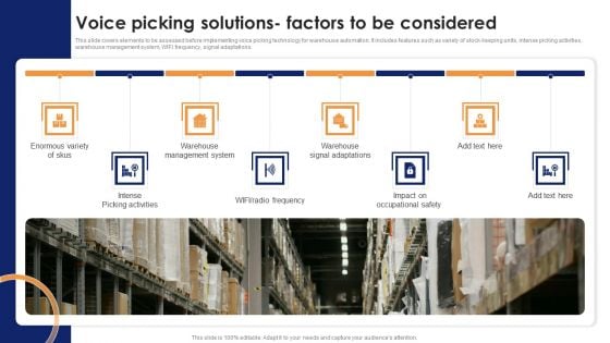 Voice Picking Solutions Factors To Be Considered Optimizing Automated Supply Chain And Logistics Background PDF