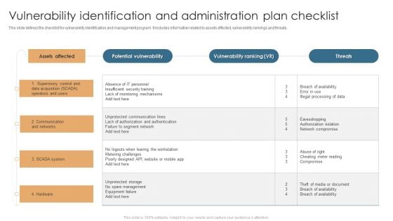 Vulnerability Identification And Administration Plan Checklist Brochure PDF Vulnerability Identification And Administration Plan Checklist Brochure PDF