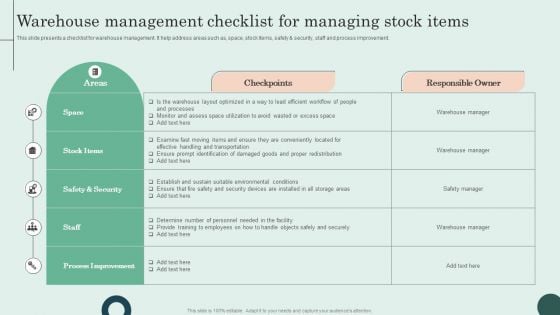 Warehouse Management Checklist For Managing Stock Items Template PDF