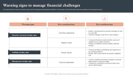 Warning Signs To Manage Financial Challenges Ppt Portfolio File Formats PDF