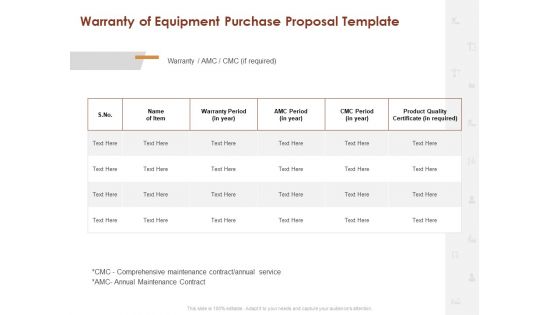 Warranty Of Equipment Purchase Proposal Template Ppt Show Graphic Images PDF