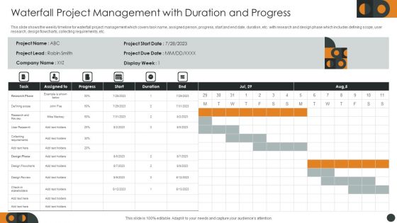 Waterfall Project Management With Duration And Progress Mockup PDF