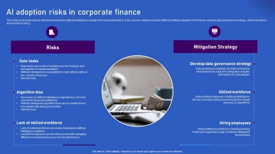 Ways Artificial Intelligence Is Transforming Finance Sector AI Adoption Risks In Corporate Finance Icons PDF