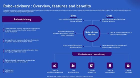 Ways Artificial Intelligence Is Transforming Finance Sector Robo Advisory Overview Features And Benefits Portrait PDF