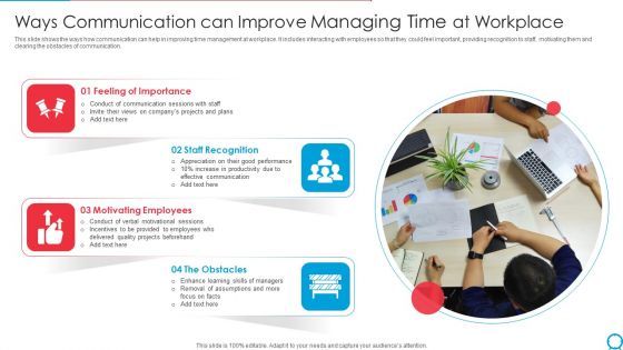 Ways Communication Can Improve Managing Time At Workplace Ppt PowerPoint Presentation Gallery Guide PDF