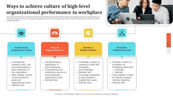 Ways To Achieve Culture Of High Level Organizational Performance In Workplace Template PDF