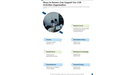 Ways To Donors Can Support Our CSR Activities Organization One Pager Sample Example Document Ways To Donors Can Support Our CSR Activities Organization One Pager Sample Example Document