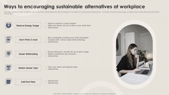 Ways To Encouraging Sustainable Alternatives At Workplace Background PDF