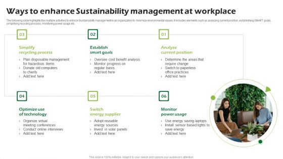 Ways To Enhance Sustainability Management At Workplace Ppt PowerPoint Presentation Styles Example PDF Ways To Enhance Sustainability Management At Workplace Ppt PowerPoint Presentation Styles Example PDF