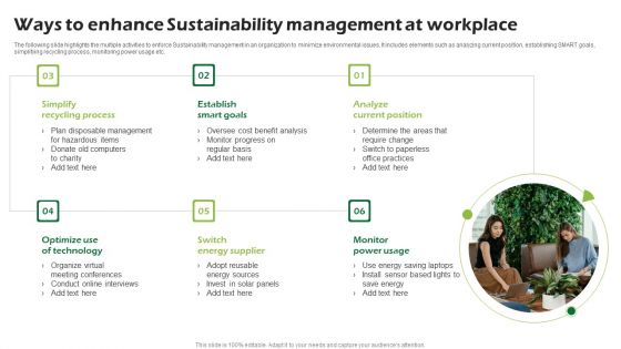 Ways To Enhance Sustainability Management At Workplace Ppt PowerPoint Presentation Styles Example PDF