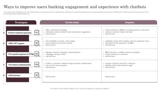 Ways To Improve Users Banking Engagement And Experience With Chatbots Infographics PDF