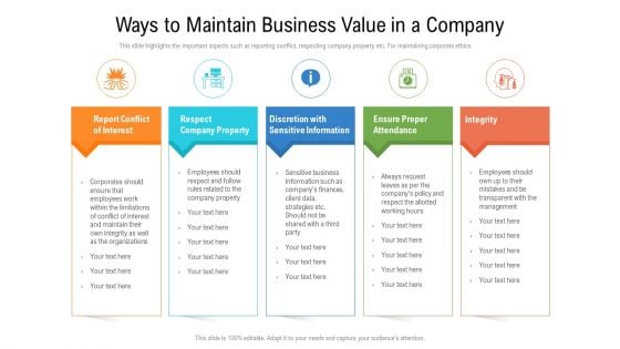 Ways To Maintain Business Value In A Company Ppt PowerPoint Presentation File Summary PDF