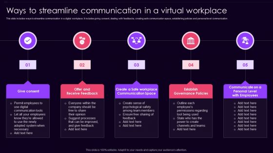 Ways To Streamline Communication In A Virtual Workplace Infographics PDF