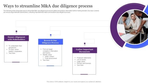 Ways To Streamline M And A Due Diligence Process Ppt Infographic Template Professional PDF