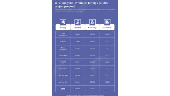 Wbs And Your Investment For Big Analytics Project Proposal One Pager Sample Example Document