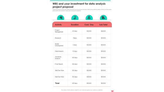 Wbs And Your Investment For Data Analysis Project Proposal One Pager Sample Example Document