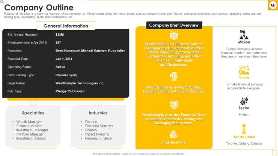 Wealthsimple Capital Raising Elevator Pitch Deck Company Outline Sample Pdf