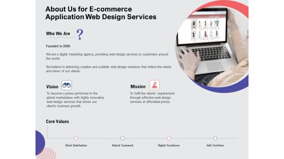 Web Design Services Proposal For Ecommerce Business About Us For E Commerce Application Web Design Services Demonstration PDF