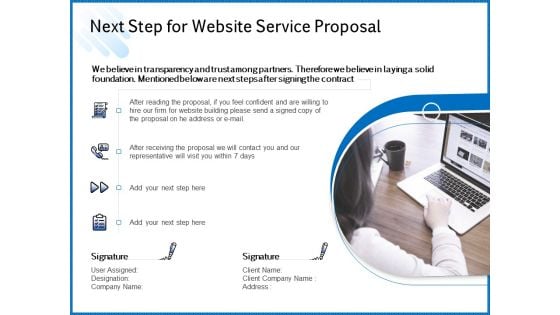 Web Design Template Next Step For Website Service Proposal Slides PDF