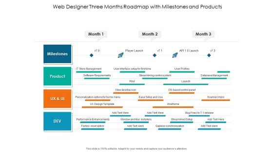 Web Designer Three Months Roadmap With Milestones And Products Summary