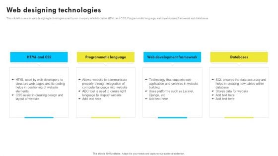 Web Designing Technologies Web Design And Development Company Profile Template PDF