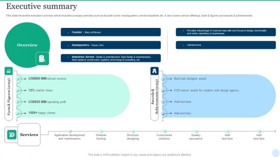 Web Interface Development Services Company Summary Executive Summary Mockup PDF