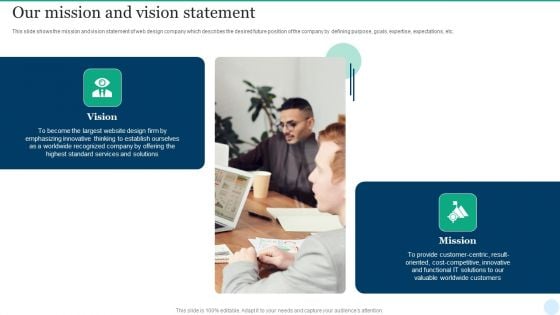 Web Interface Development Services Company Summary Our Mission And Vision Mockup PDF