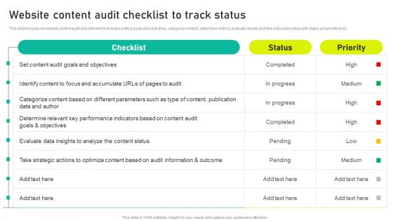 Website Content Audit Checklist To Track Status Ppt Infographics Maker PDF