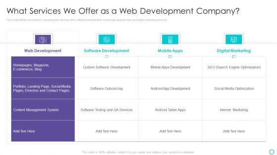 Website Designing And Development Service What Services We Offer As A Web Development Company Icons PDF