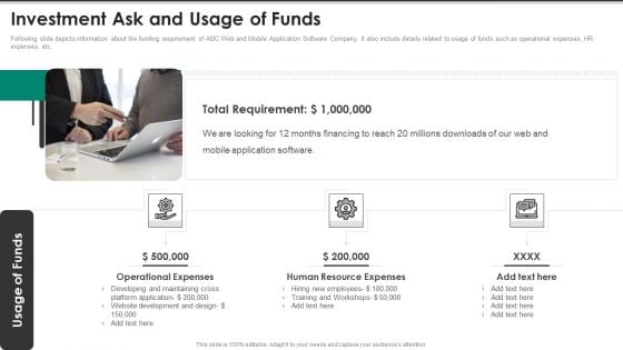 Website Interface And Application Development Firm Investment Ask And Usage Of Funds Icons PDF