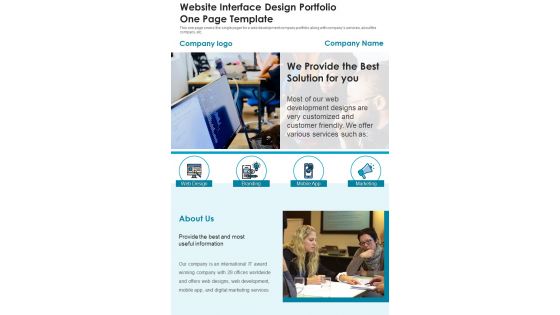 Website Interface Design Portfolio One Page Template PDF Document PPT Template