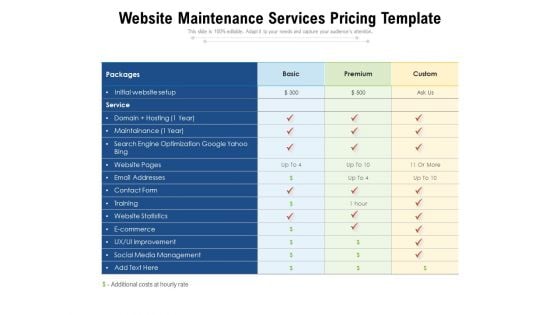 Website Maintenance Services Pricing Template Ppt PowerPoint Presentation Infographics Graphics Design PDF