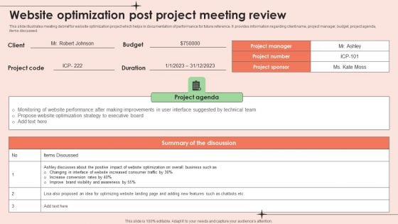 Website Optimization Post Project Meeting Review Themes PDF