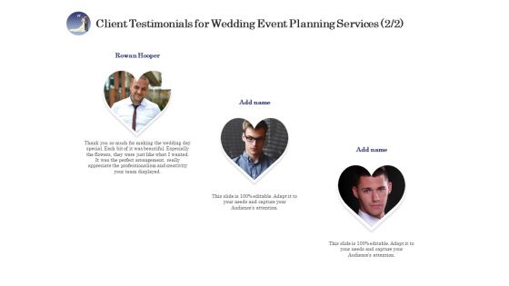 Wedding Affair Management Client Testimonials For Event Planning Services Slides PDF